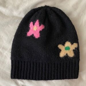 Free People black pink green flower beanie